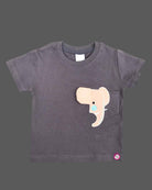 Charcoal grey t-shirt with 3D elephant patch and light wash blue denim elasticated shorts baby boy top and shorts set for summer vacations, playdates, and park outings