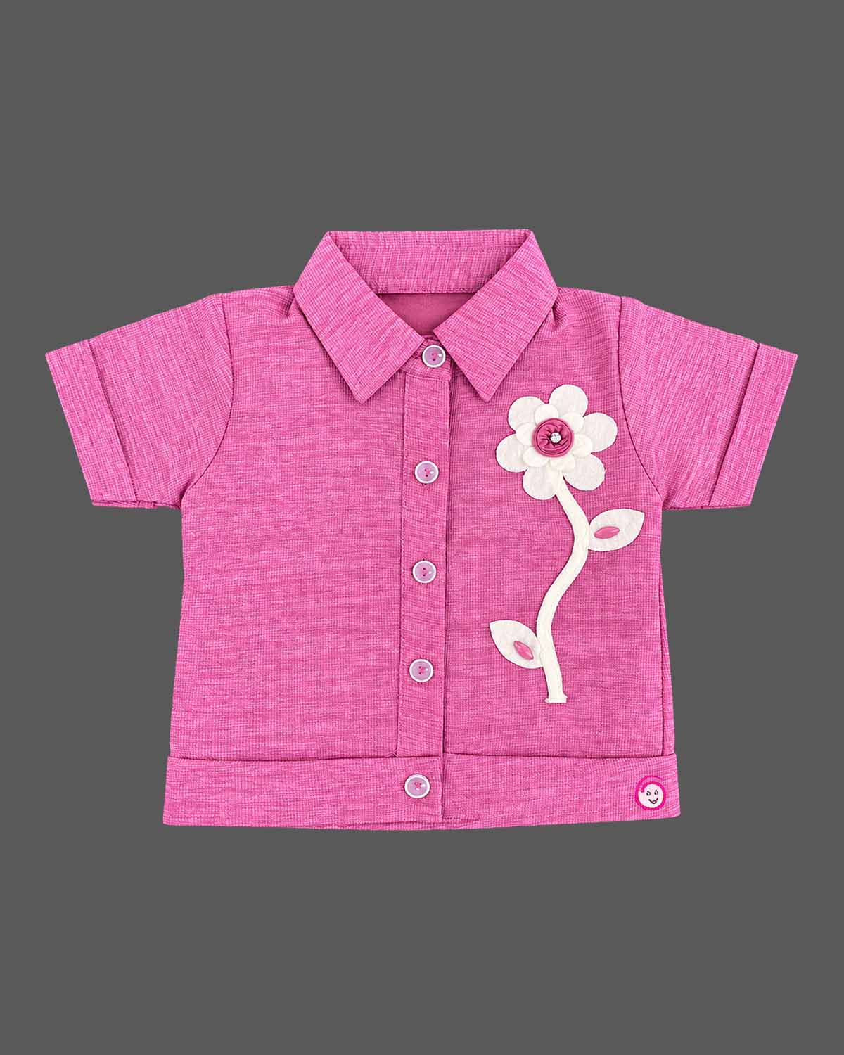 Collared button-front top and box-pleated skirt set with floral applique baby party wear dress.