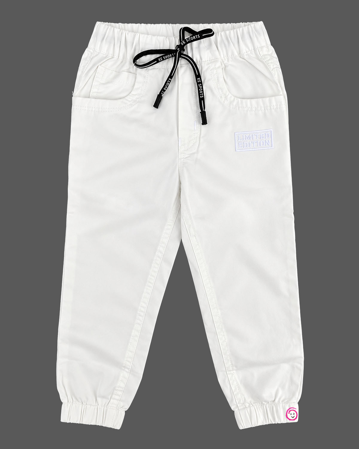 Boys cotton jogger pants with elastic waistband and contrast drawstring for festive wear