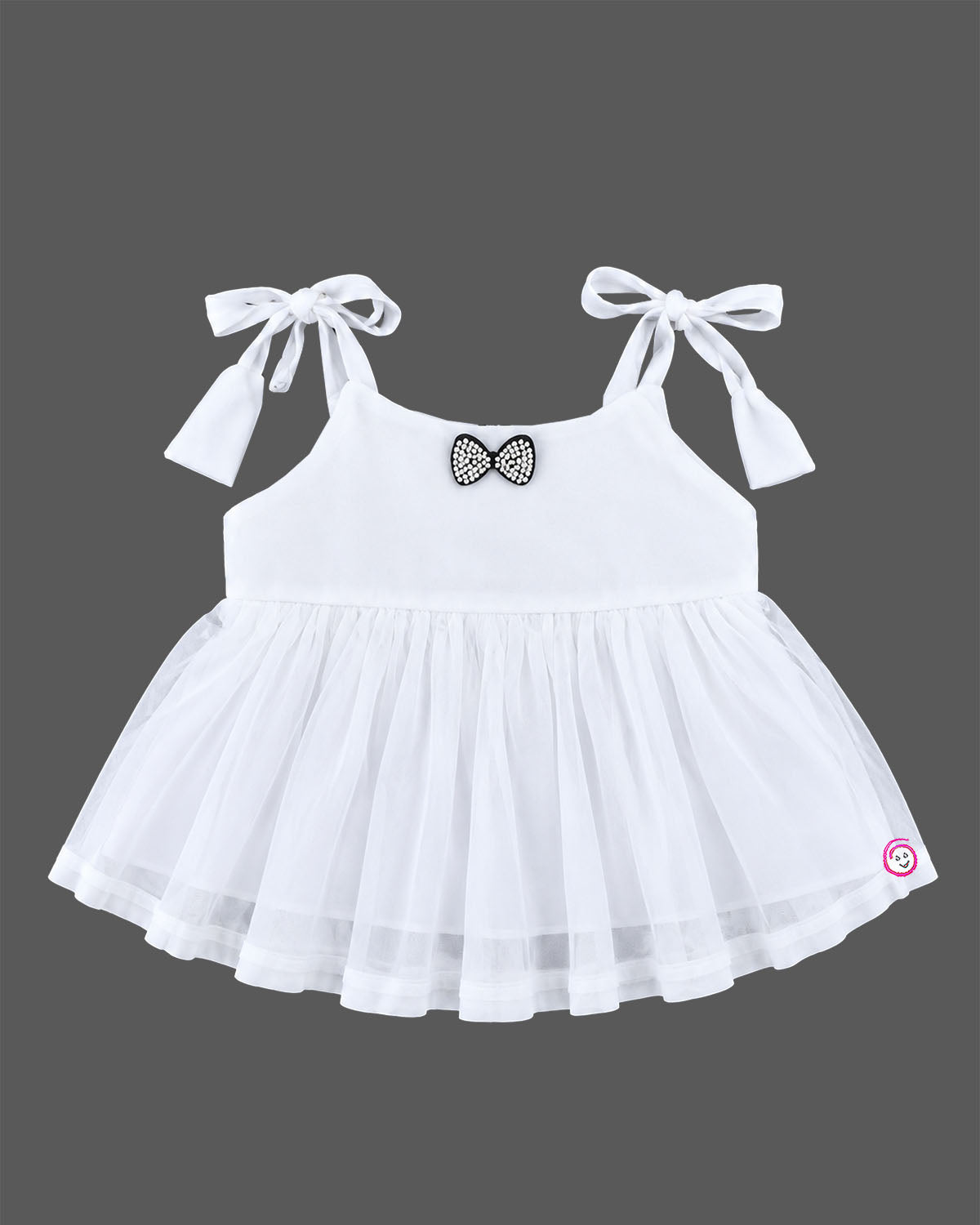 Baby girl tie strap net top with bow accent for party wear and baby clothes collection