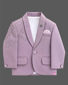Boys dusty mauve formal suit blazer with shoulder sequin embellishments and tassel fringe, tie, pocket square, paired with elastic waist formal pant