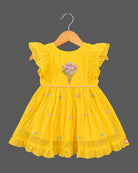 Hand embroidered pattu frock featuring floral applique bodice and frill sleeves