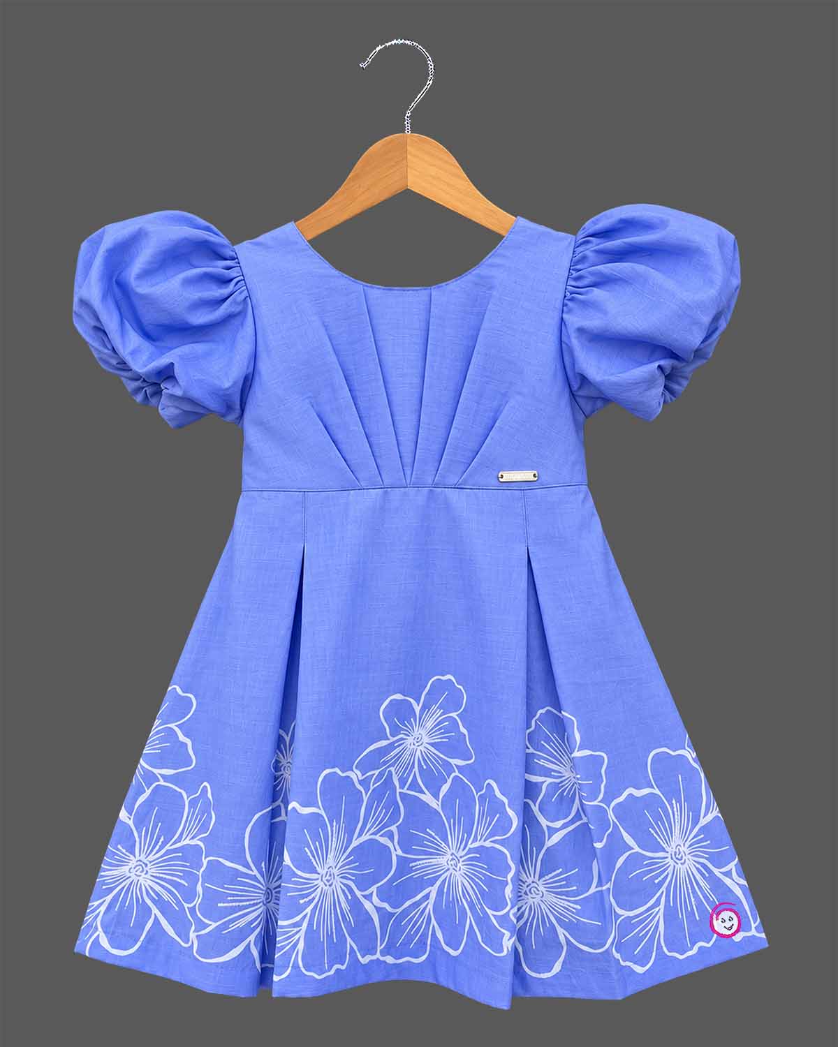 Girls powder blue puff sleeve cotton casual frock with white floral border print