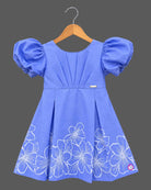 Girls powder blue puff sleeve cotton casual frock with white floral border print