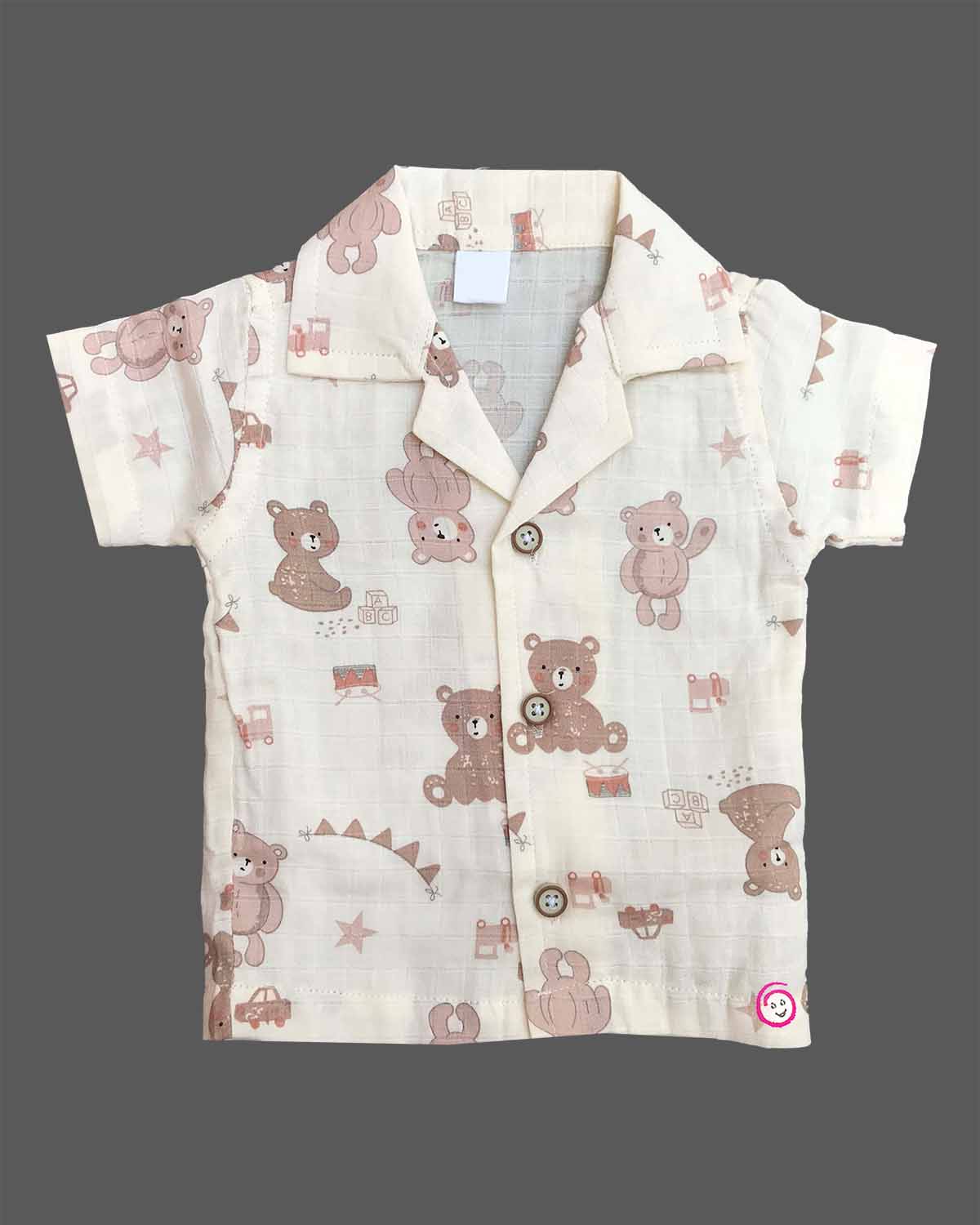 Cream teddy bear printed muslin cotton boys top and shorts set for summer vacations, playdates, and park outings