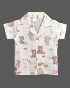 Cream teddy bear printed muslin cotton boys top and shorts set for summer vacations, playdates, and park outings