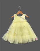 Toddler net party frock with floral appliques and flared sequin bodice for kids party wear