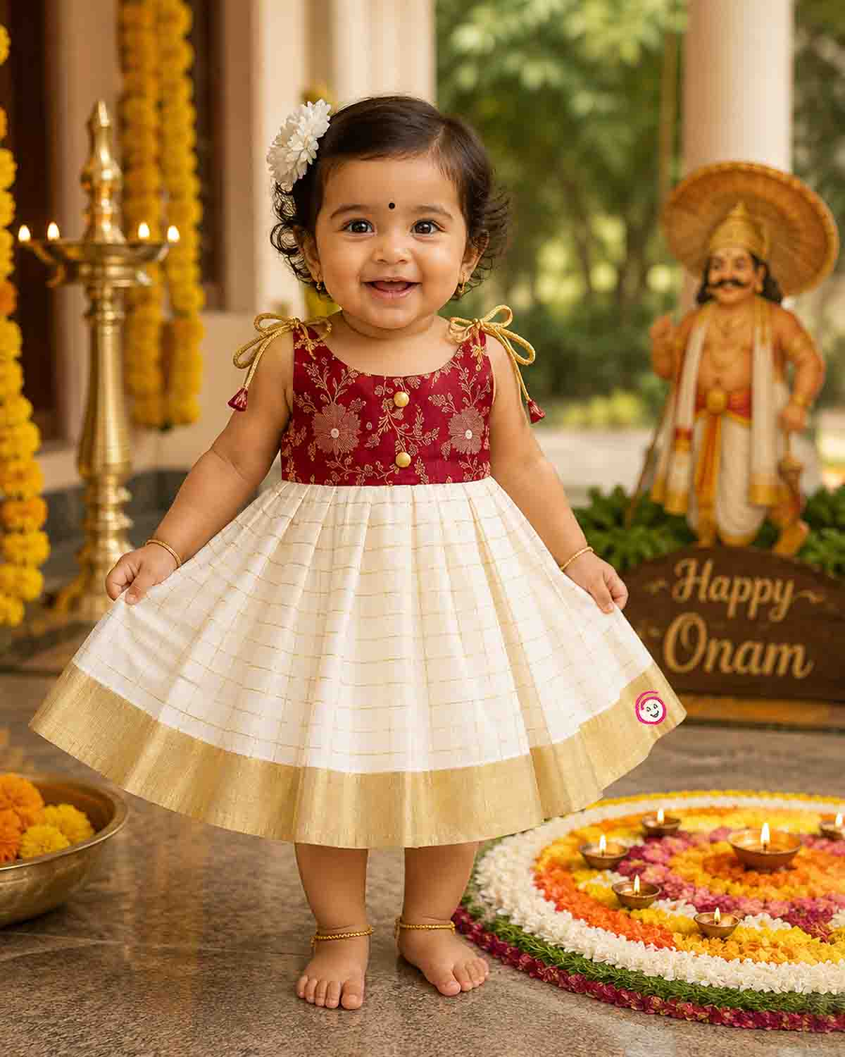 Little princess wearing traditional Kasavu pleated frock with floral brocade bodice for festive celebrations