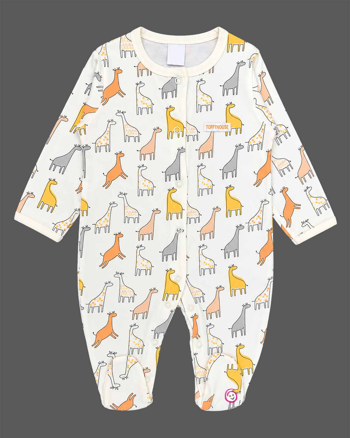 Giraffe printed full sleeve front snap romper dress for infant boys