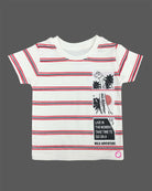 White striped t-shirt with graphic patches and red elasticated shorts baby boy top and shorts set for summer vacations, playdates, and park outings