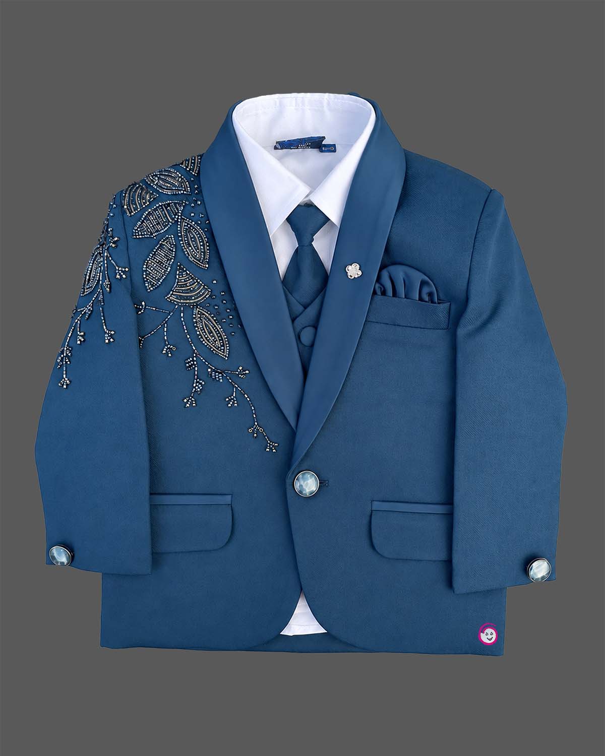 Boys embellished tuxedo suit set with botanical lapel embroidery, matching tie, and pant.