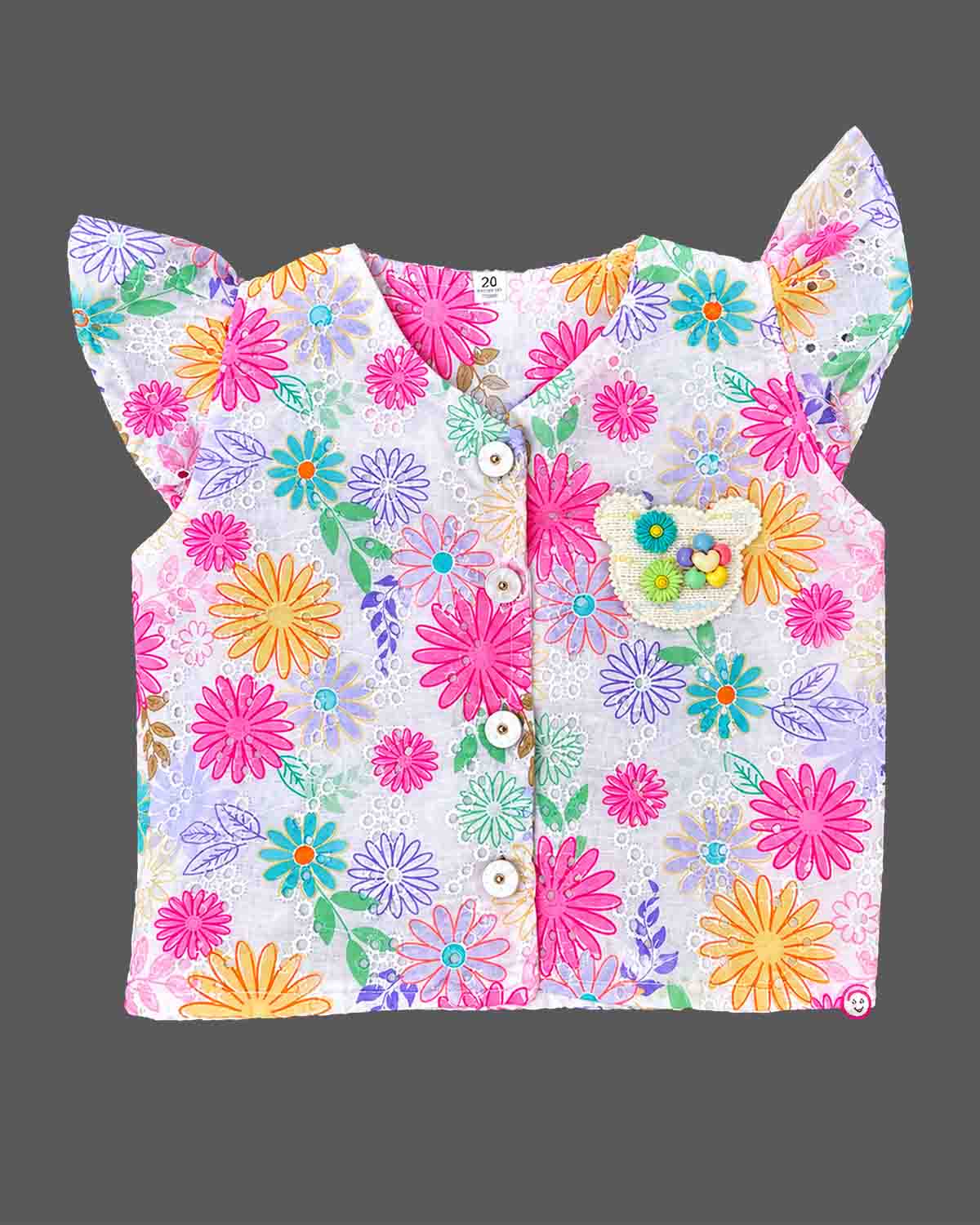 Girls embroidered cotton floral top with flutter sleeves paired with matching elasticated shorts for casual outings