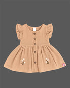 Infants frock with front button placket, floral embroidery, and frill sleeves for girls