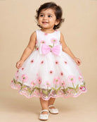 Toddler sleeveless floral embroidered tulle frock featuring a large front waist bow and flared mesh skirt overlay.