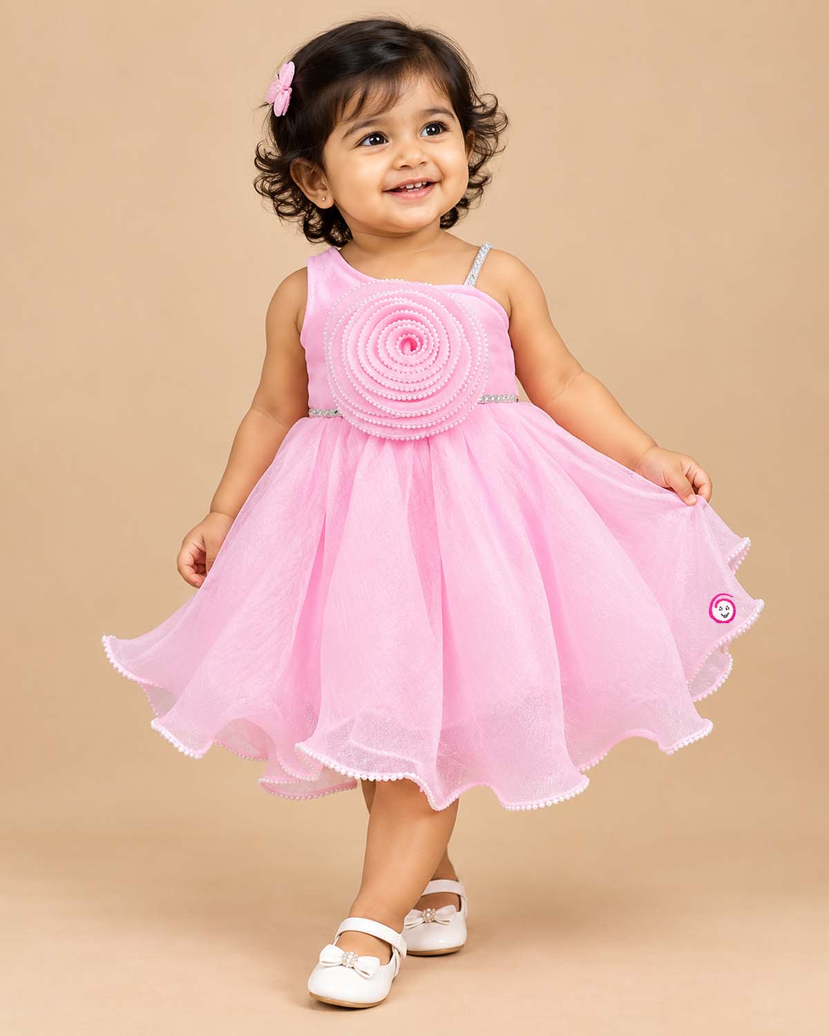 Asymmetric organza rosette kids party wear frock set with matching booties and bow headband