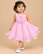 Asymmetric organza rosette kids party wear frock set with matching booties and bow headband