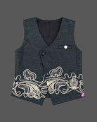 Toddler boy asymmetric embroidered waistcoat set with full-sleeve shirt, bow tie, and trousers.