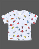 Boys dungaree set with space print t-shirt and red rocket dungaree shorts
