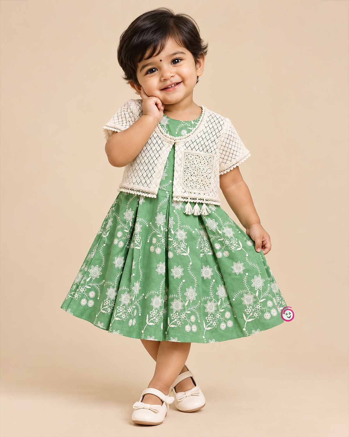 Toddler sage green floral embroidered cotton frock with off white lace jacket for casual wear