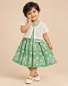 Toddler sage green floral embroidered cotton frock with off white lace jacket for casual wear