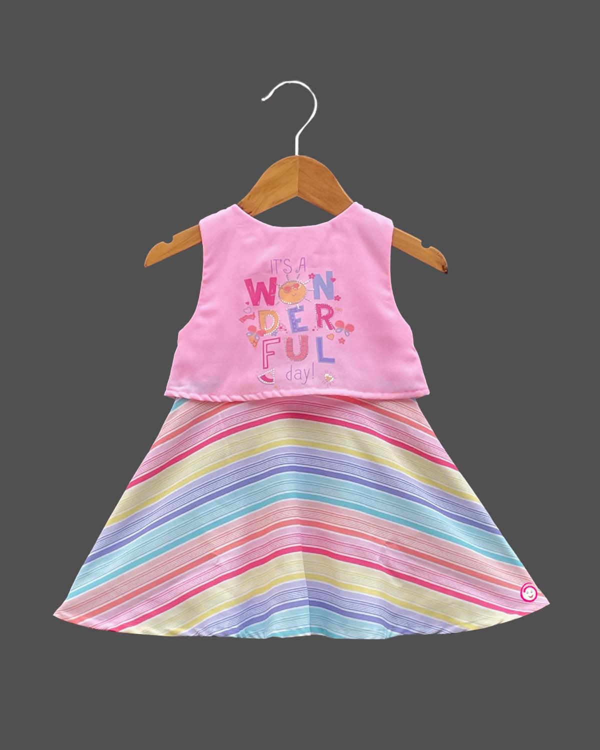 Girls attractive colorful with round neck western frock - Pink