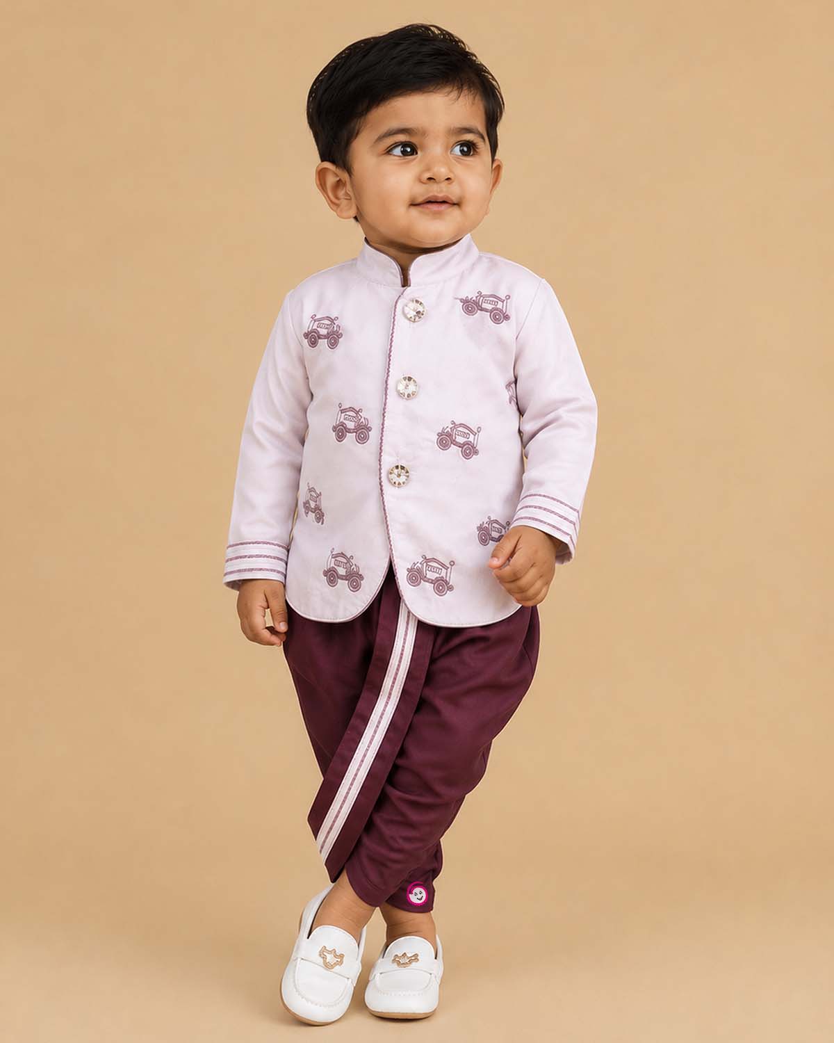 Boys lilac ethnic full sleeve kurta with auto embroidery motifs and mandarin collar paired with wine elastic waist dhoti pant