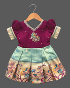Little princess art silk traditional frock featuring peacock embroidery and zari woven hemcś