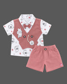Waistcoat set for boys featuring short sleeves, animal print, and a bow tie