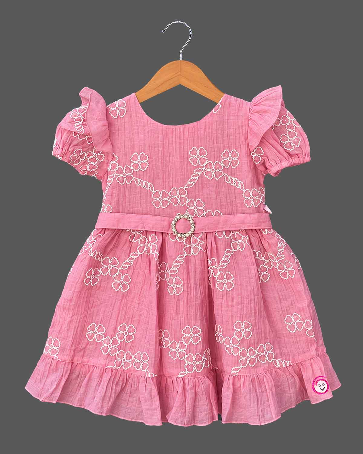 Cotton Frock For Baby Girl with floral embroidery, flutter puff sleeves, pearl buckle belt and ruffle hem