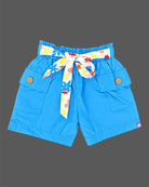 Girls strappy printed peplum top with front buttons paired with elastic waist cargo shorts and matching tie belt.
