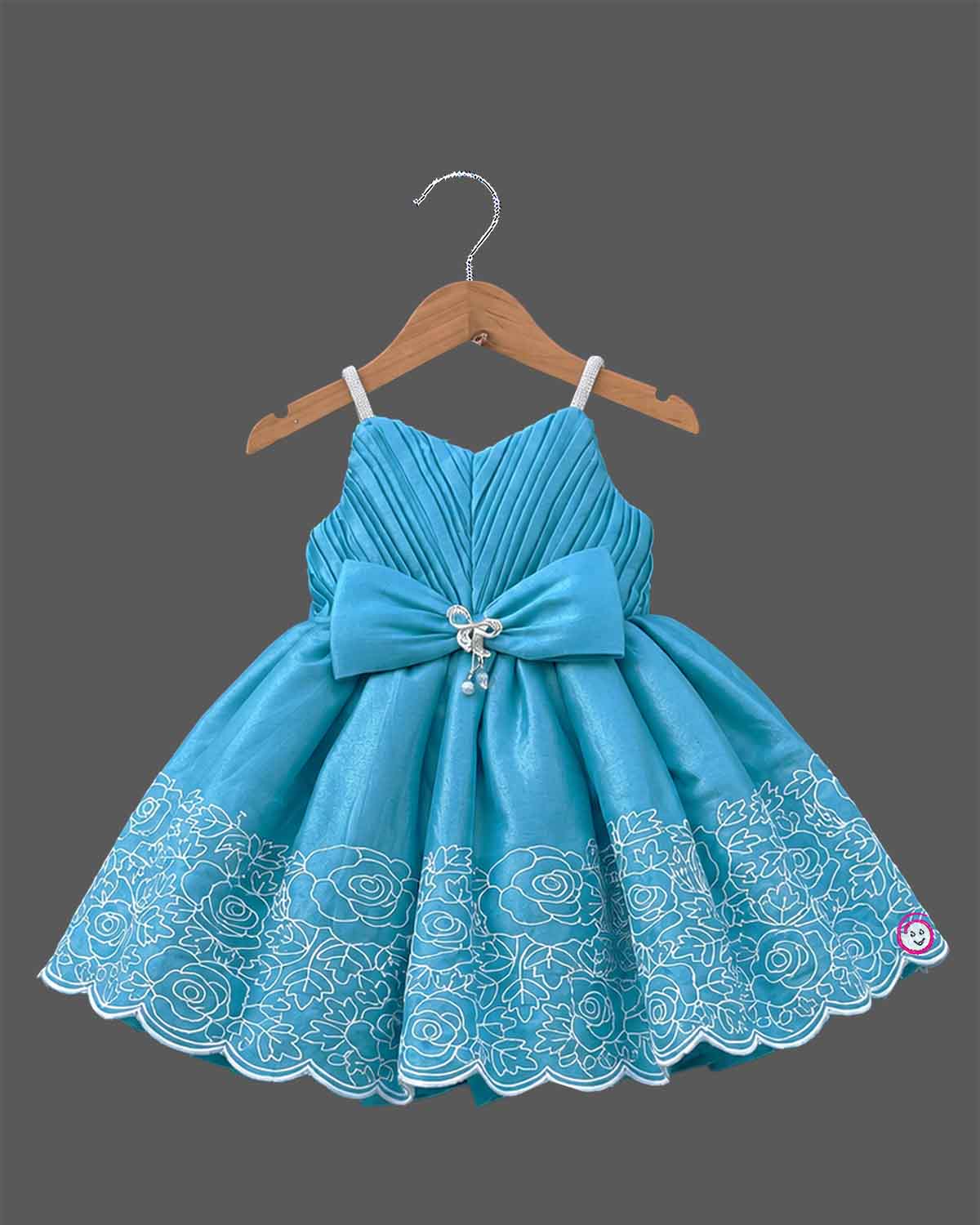Sky blue embroidered net party frock for girls with bow detail and scalloped hem