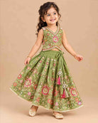 Sleeveless floral embroidered top with curved V-hem and matching pleated choli for kids skirt with sequin work.