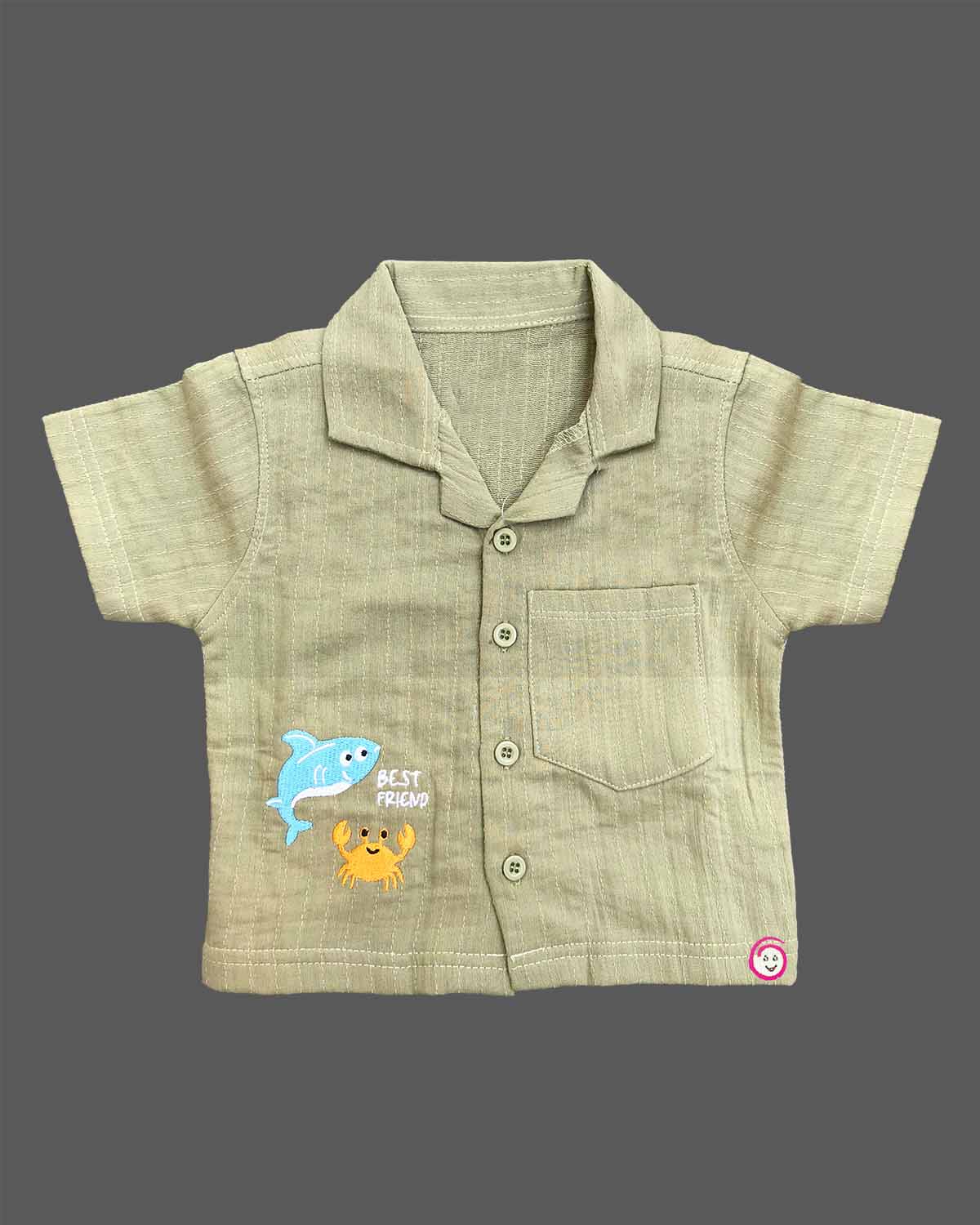 Sage green textured cotton button-down shirt with dolphin and crab embroidery baby boy top and shorts set for summer vacations, playdates, and park outings