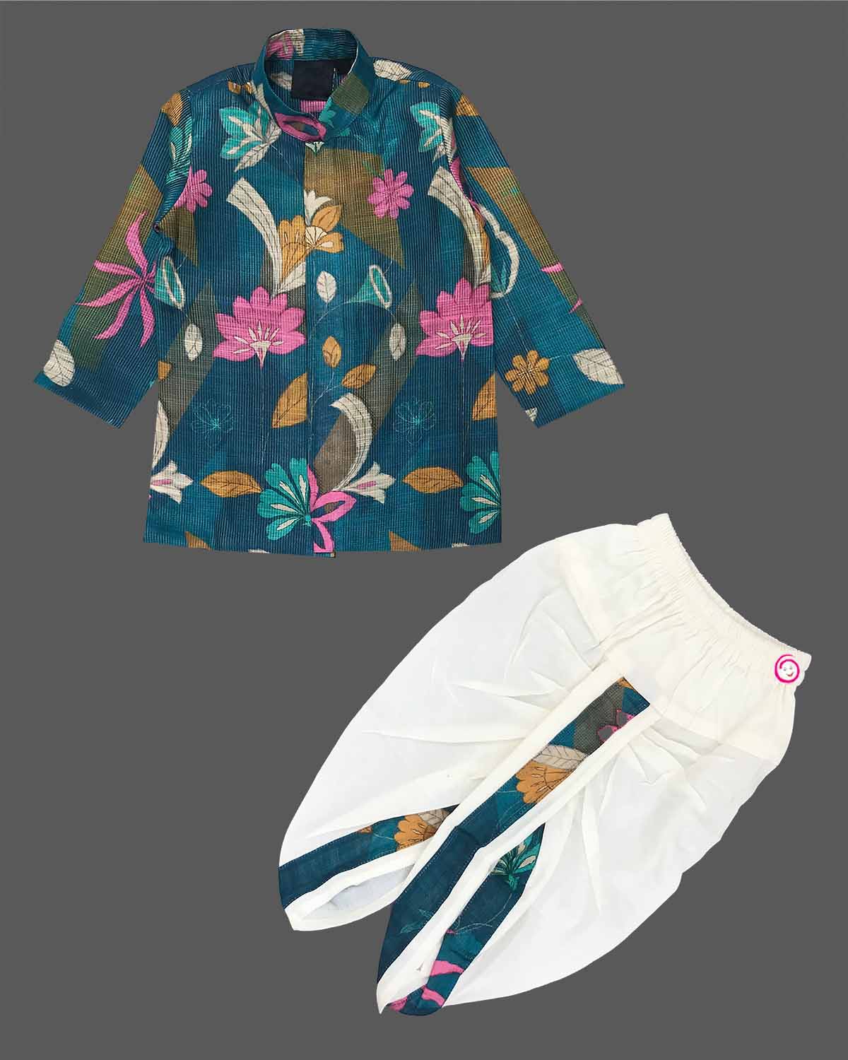 Boys flower printed full sleeve dhoti set - Ramar Blue