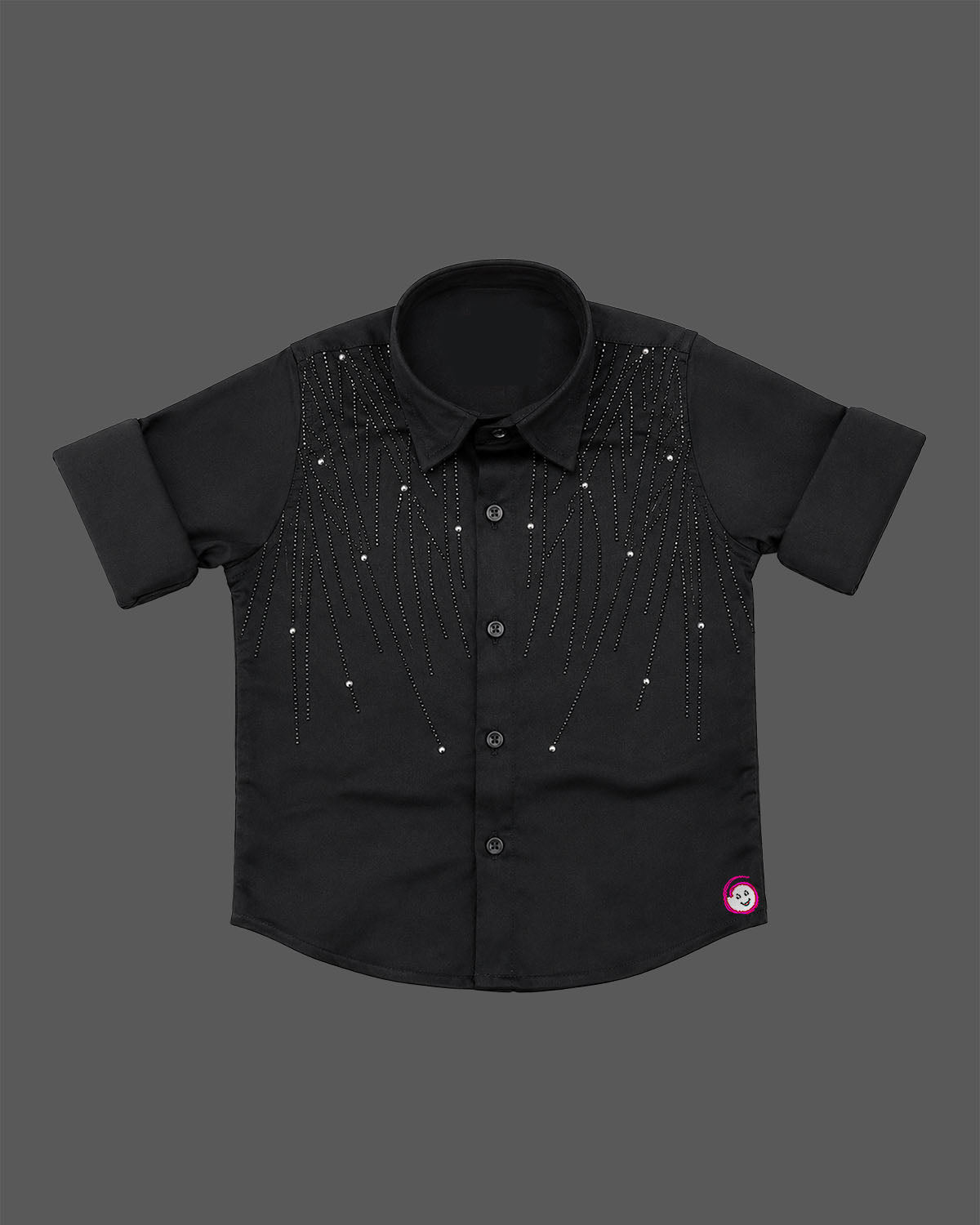 Front view of a designer collared party shirt for boys featuring intricate stud detailing across the yoke and roll-up sleeves.