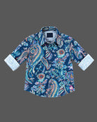 Boys paisley printed button-down shirt with turned-up contrast cuffs, ideal baby party wear dress style.