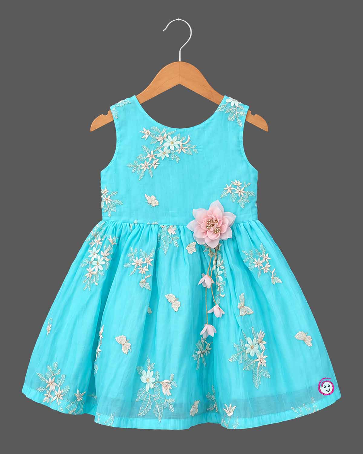 Sleeveless Cotton Frock For Baby Girl With Embroidered Florals, Butterflies And 3D Flower Corsage