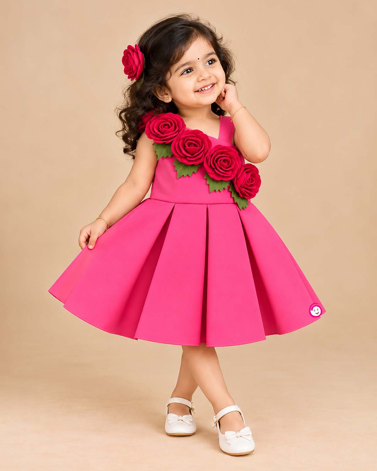 Girls floral applique box pleated party frock with asymmetrical shoulder strap and flared skirt