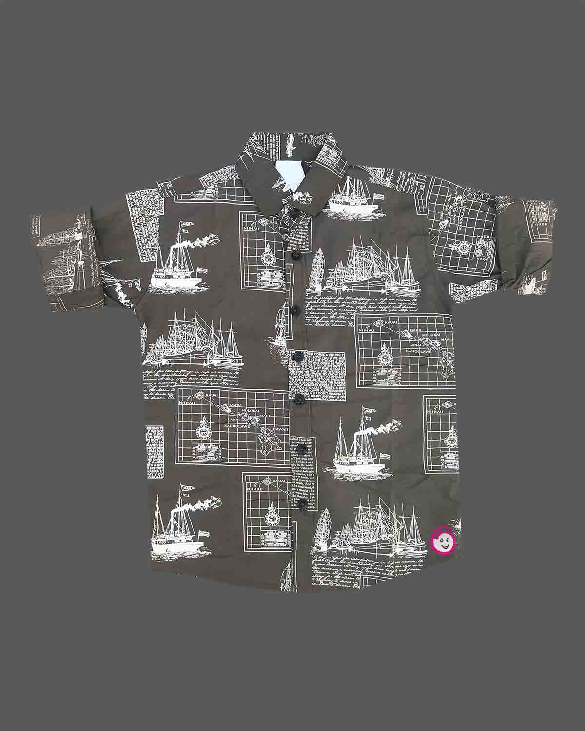 Toddler boys casual button-down shirt featuring a vintage nautical print of sailing ships and maritime maps.