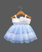 Sequined tiered tulle baby party wear dress featuring satin bow and floral pearl accent