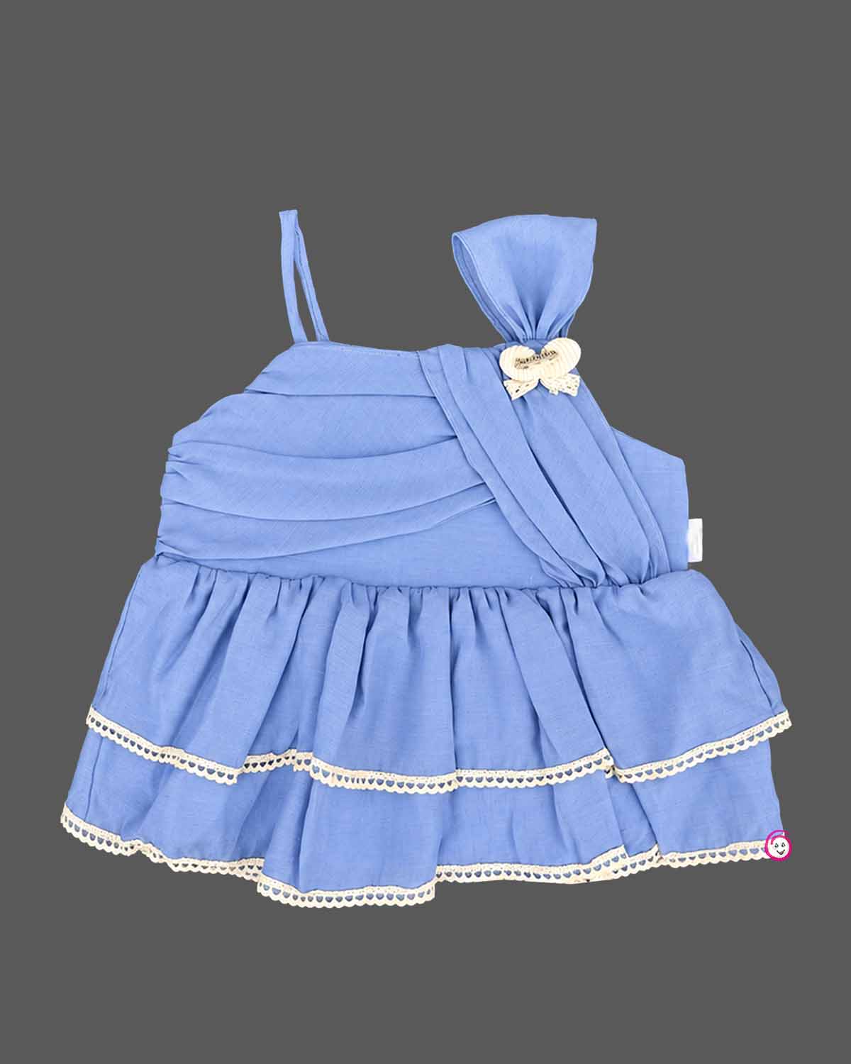 Baby party wear dress featuring a layered pleated top and embroidered flared skirt set with lace trim.
