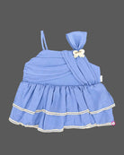 Baby party wear dress featuring a layered pleated top and embroidered flared skirt set with lace trim.