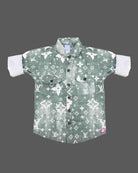 Trendy toddler boys casual chambray button-down shirt featuring an all-over monogram print and dual front chest pockets.