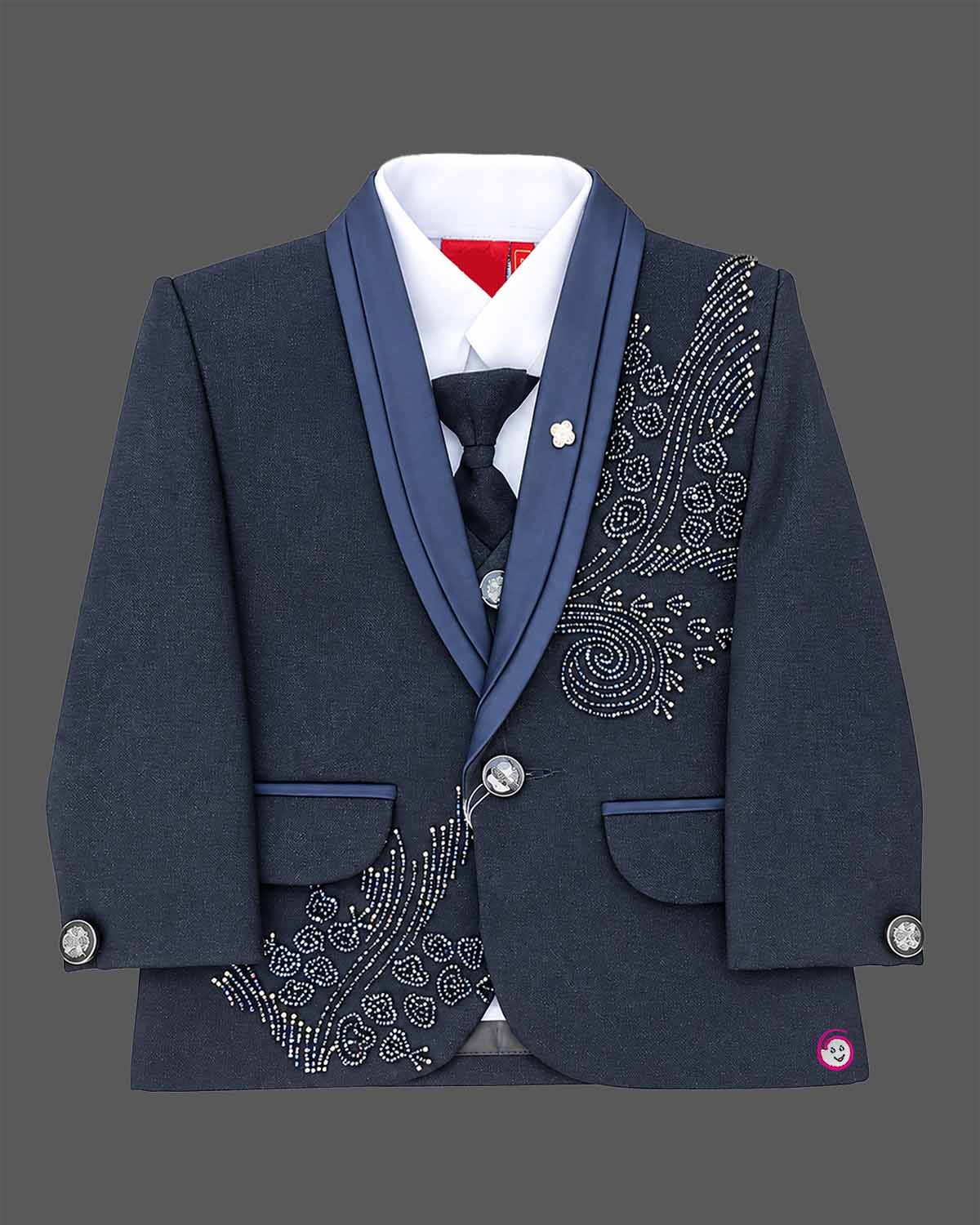 Navy blue formal tuxedo suit set for boys with crystal embellishments, shawl collar jacket, white shirt, tie, and pant for wedding party