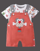 Boys Animal Patch Romper With Half Sleeves Vehicle Printed Top - Red