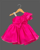 One-shoulder pleated organza baby party wear dress with ruffle sleeve and floral applique.