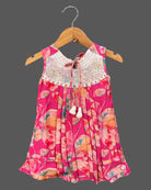 Infant floral printed frock with lace yoke insert and tassel tie up for birthday party and summer outing