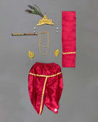 Little Krishna silk blend outfit with dhoti stole mukut feather flute and jewelry for Janmashtami