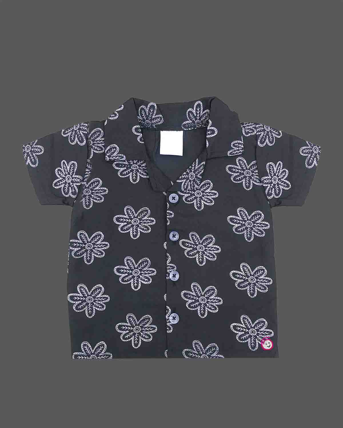 Infant boys floral motif short sleeve button shirt paired with matching elastic waist shorts