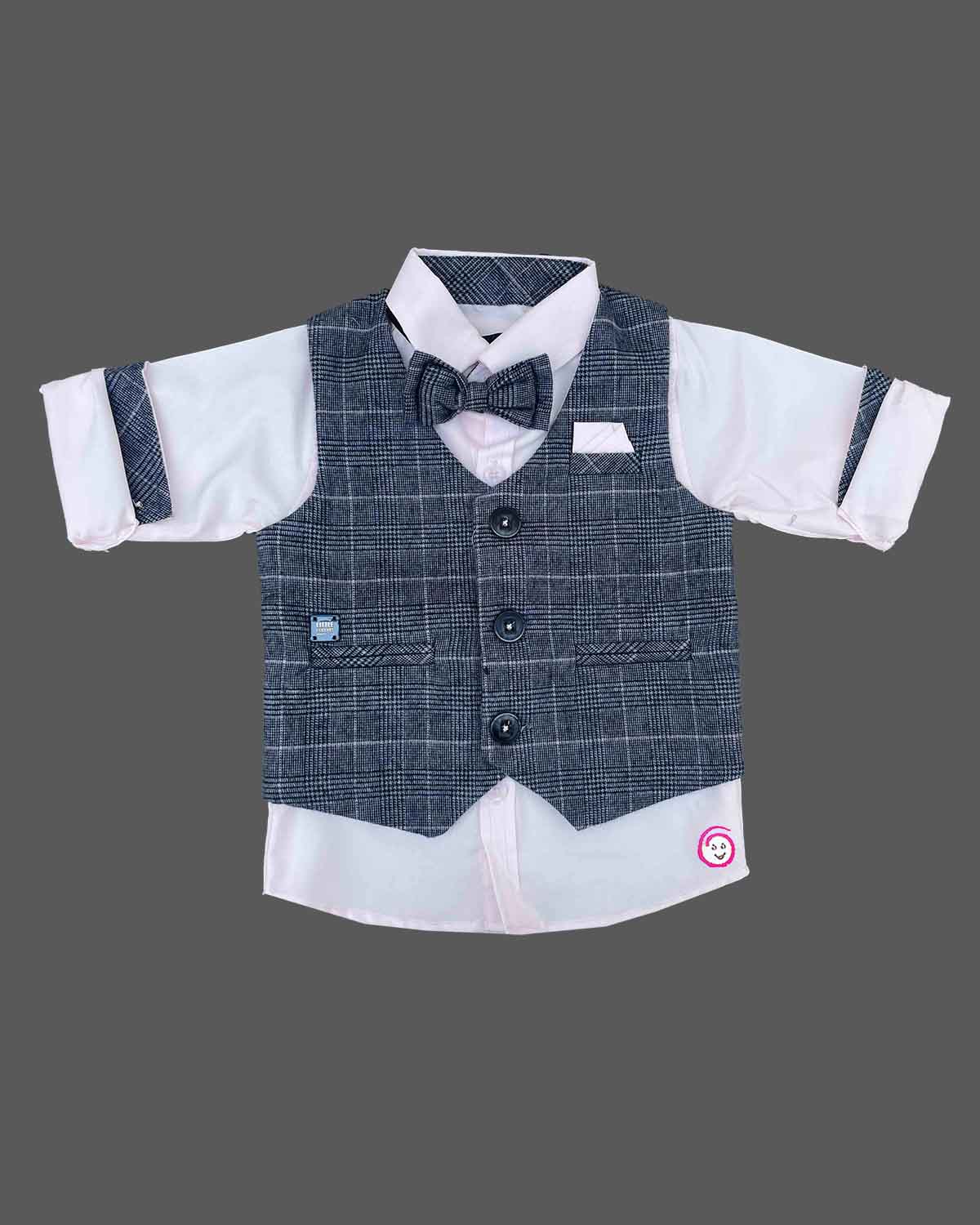 Toddler indo western dress for boys featuring a check waistcoat, crisp shirt, and matching pant